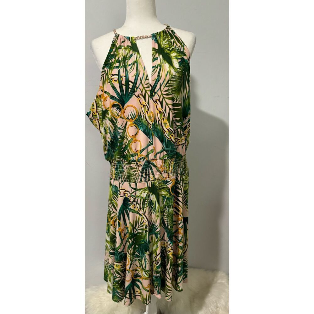 Boston Proper pink green palm tree print smocked waist dress XL